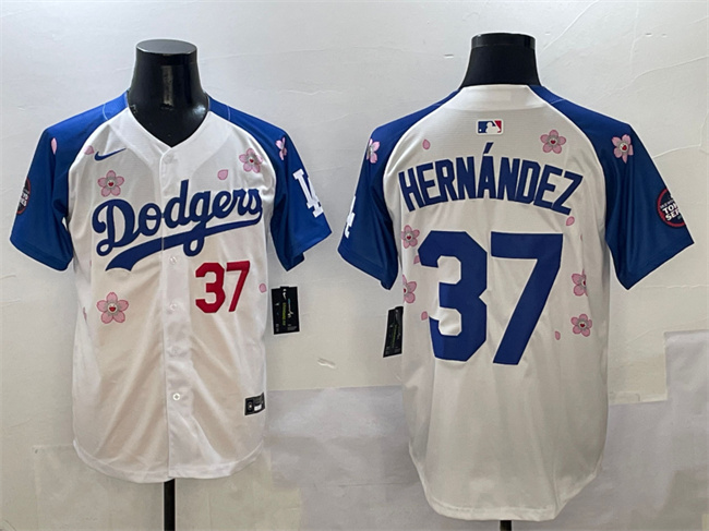 Men's Los Angeles Dodgers #37 Teoscar Hernández White/Royal 2025 Tokyo Series Limited Stitched Baseball Jersey